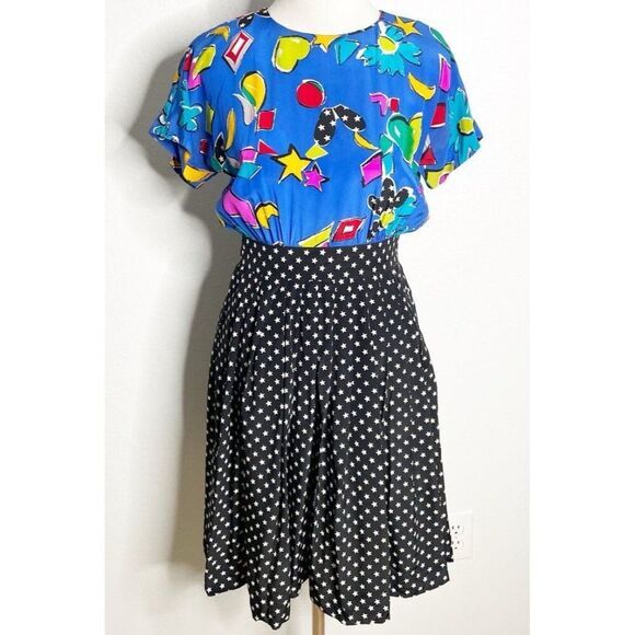 Vtg 1980s Rickie Freeman Teri Jon Abstract Stars Novelty Silk Dress Party Size 4 - Picture 1 of 4